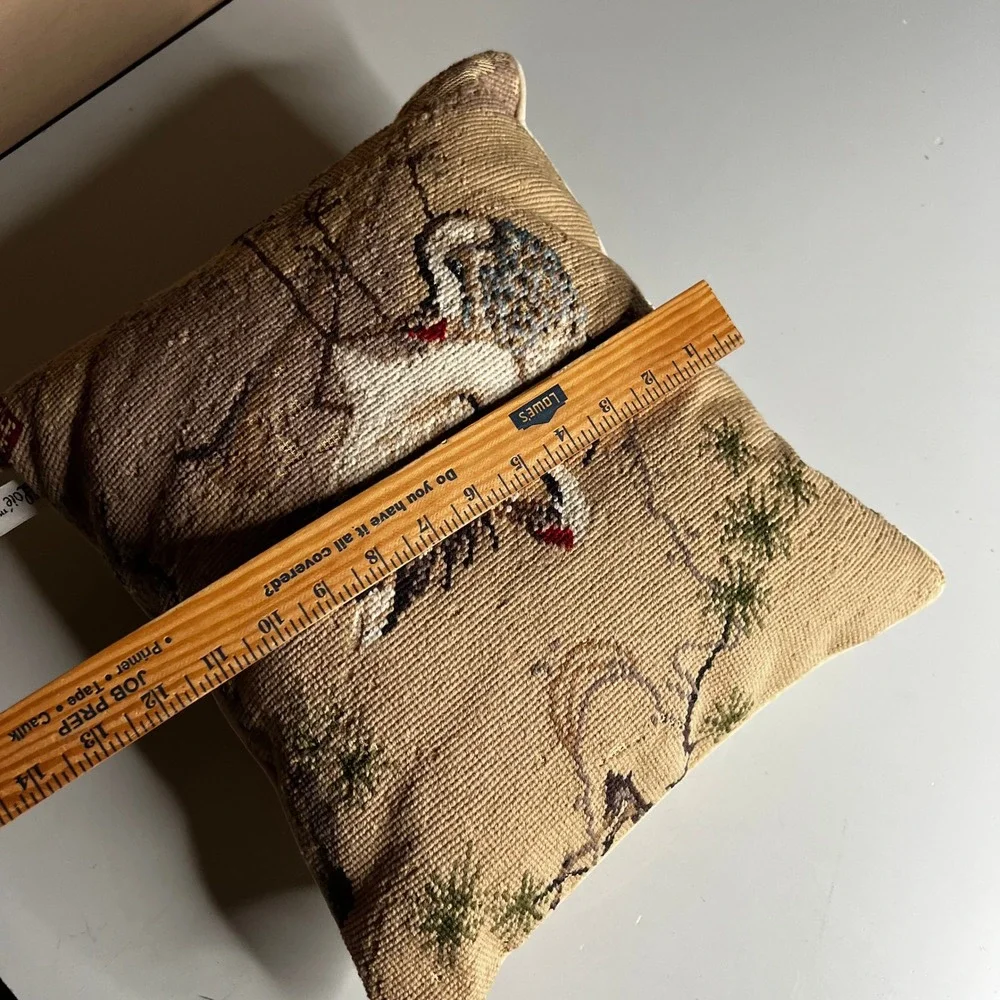 Loie Vintage Needlepoint Crane Bird Throw Pillow Velvet Back 10x10 Decorative